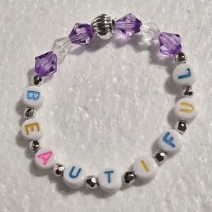 Hand Crafted Cute Kids 'Beautiful' Beaded Stretch Bracelet - Purple Accent